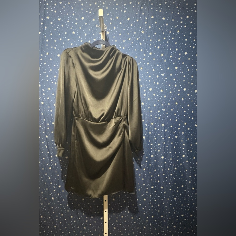 Zara Green Sheath Dress with Bishop Sleeves and Cowl Neck